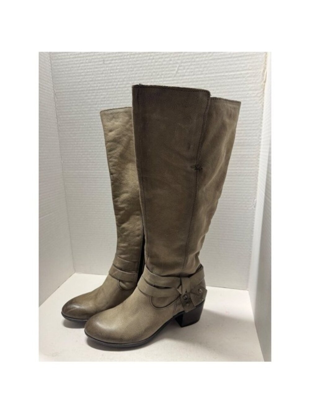 Mjus Taupe Grey Leather Tall Harness Boots Size 37 6.5 Side Zip Block Heel Lug